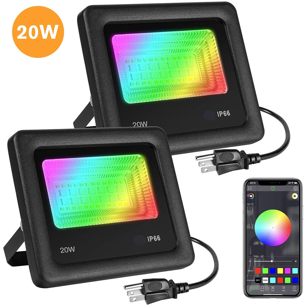 LED Flood Lights 2 Pack RGB Color Chaning, 20W Stage Lights Bluetooth APP Control, IP66 Waterproof Dimmable 16 Million Colors 20 Modes
LED Flood Lights 2 Pack RGB Color Chaning, 20W Stage Lights Bluetooth APP Control, IP66 Waterproof Dimmable 16 Million Colors 20 Modes