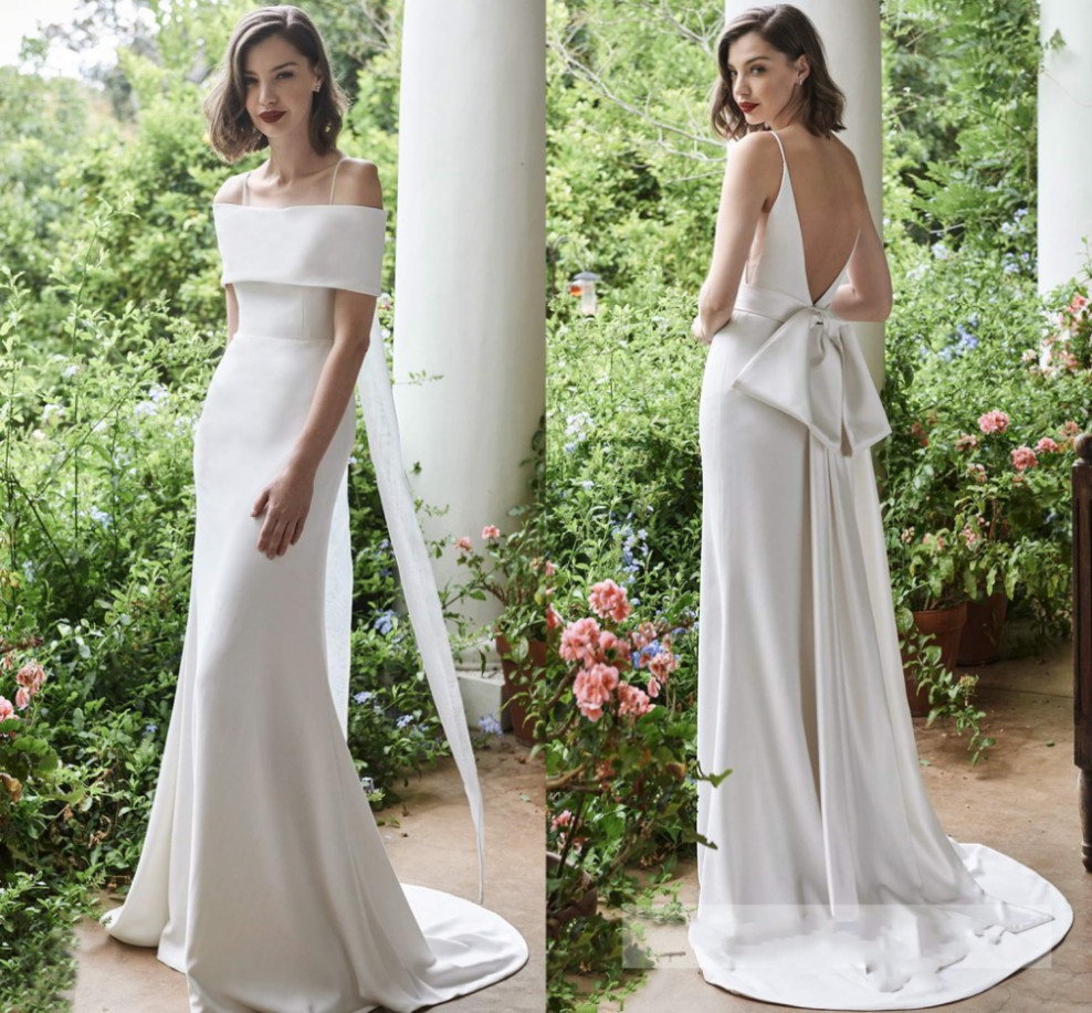 Mermaid Wedding Dresses Simple Spaghetti Strap Bride Dress Elegant Backless Wedding Gowns With Big Bow White Dress