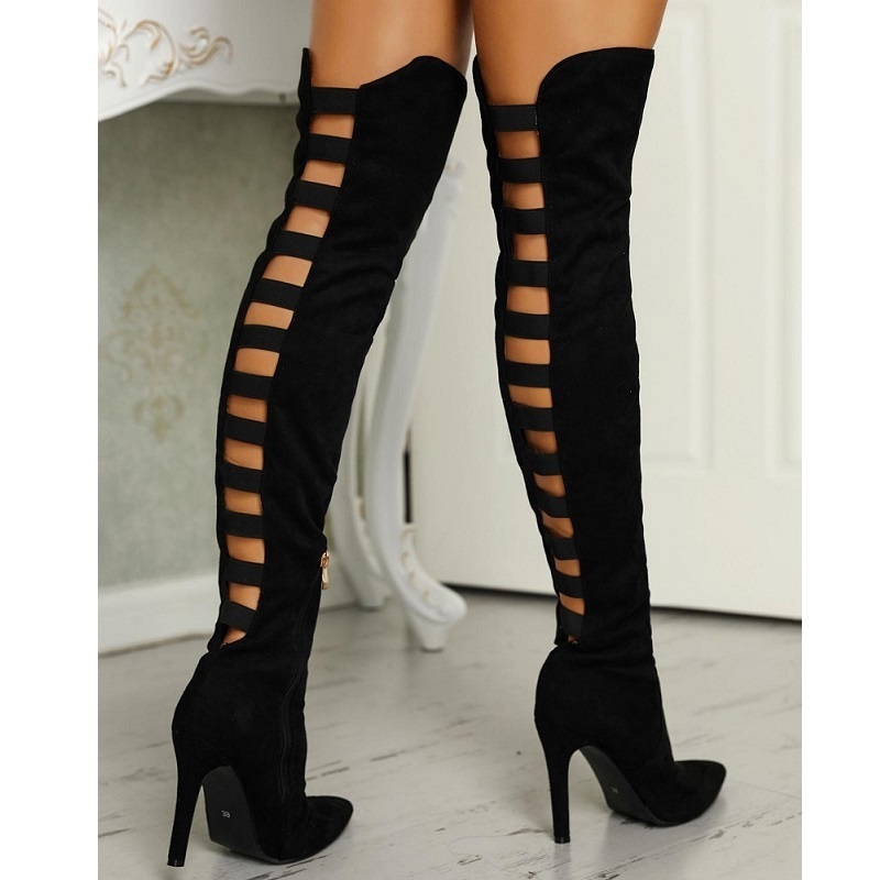 Women shoes high heels black over the knee boots sexy hollow out ladies thigh high boots pointed toe stiletto long boots
