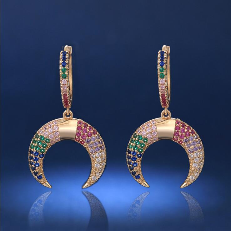 Vintage Fashion Jewelry Top Selling Lucky Dangle Earring 925 Sterling Silver Colorful White Sapphire Diamond Gemstones Crescent Moon Earring