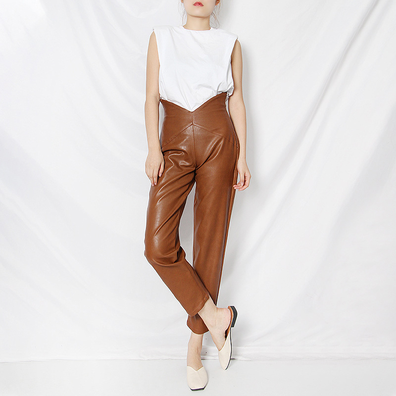 GOPLUS Pants Women High Waisted PU Leather Straight Pants Vintage Black Green Brown Trousers Pantalones Femme Bombachos Mujer