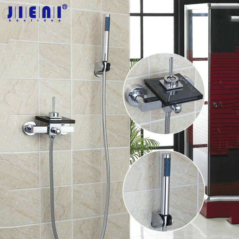 JIENI Black Glass Waterfall Bathtub Faucet Wall Mounted Chrome Brass Bathroom Bathtub Sink Mixer Tap Faucet & Hand Shower Set
JIENI Black Glass Waterfall Bathtub Faucet Wall Mounted Chrome Brass Bathroom Bathtub Sink Mixer Tap Faucet & Hand Shower Set