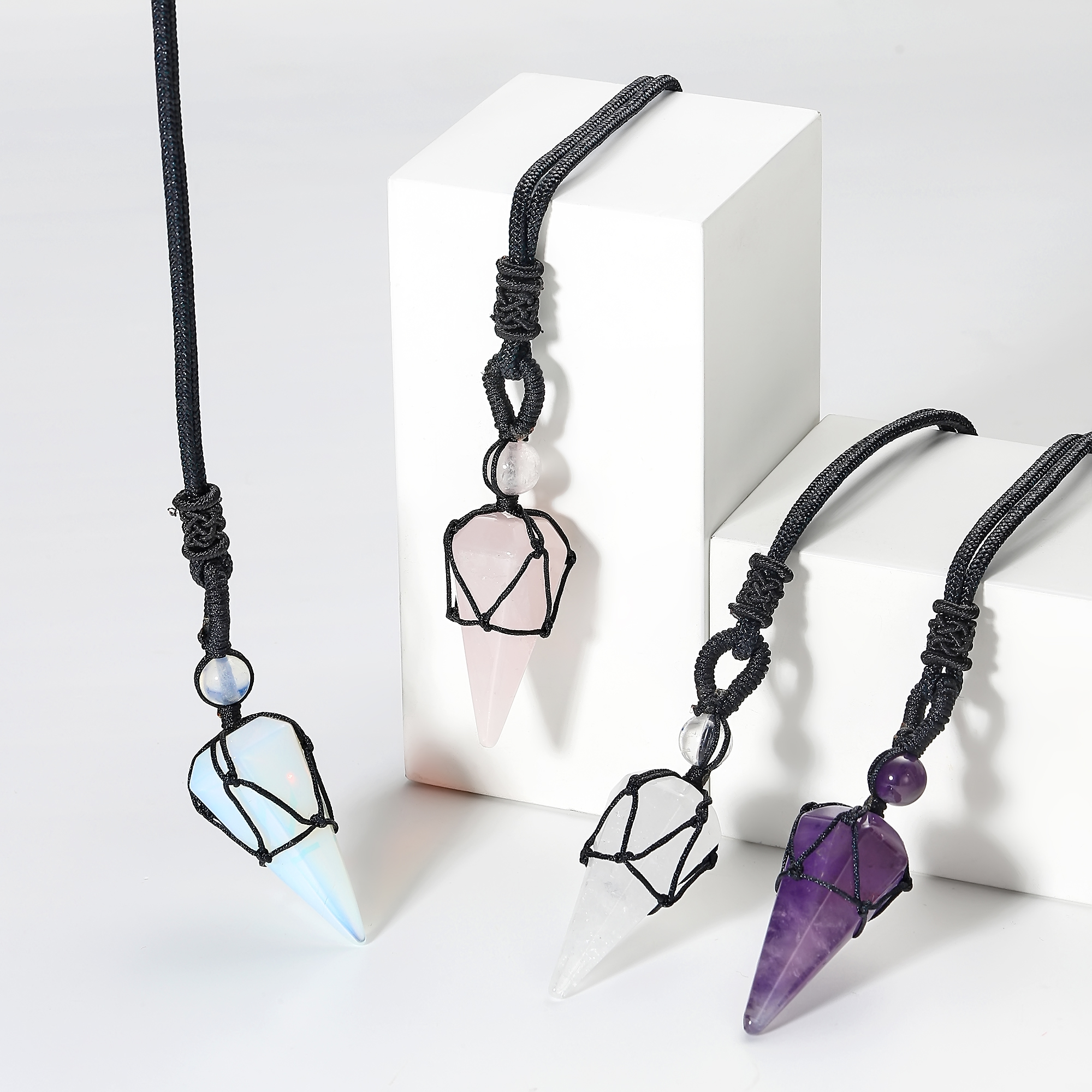 Long Chain Hexagonal Point Pendants Healing Quartz Crystal Dowsing Pendulums Reiki Chakra Yoga Necklaces Cord Adjustable for women men