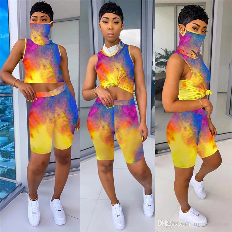 2023 Women Designer T-shirt Shorts tracksuits Outfits Jogger Suit 2 Piece Set With Mask Sleeveless Pullover Tie-dye Summer Casual Clothes Tracksuit