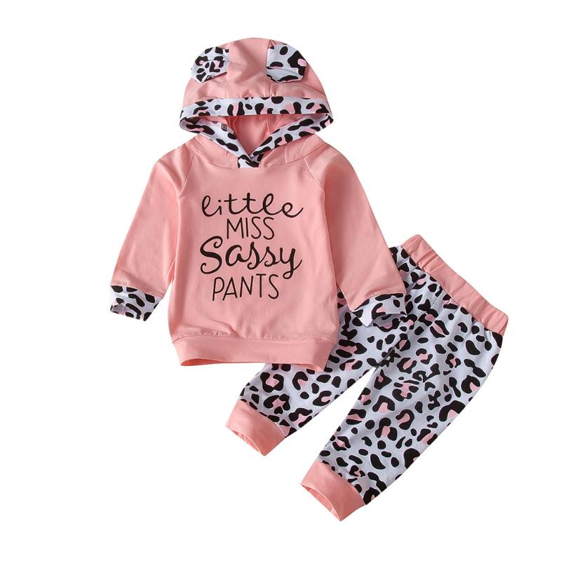 Toddler Baby Girls Cartoon Letter Leopard Print Hoodie Tops+ Pants Outfits Cute Ears Animals Hoodies Newborn Clothes bebes