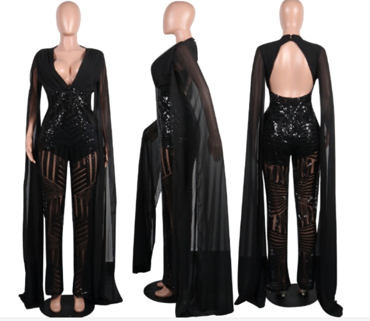 Glitter Sequins Beige Black Red A-line Women Jumpsuit Prom Dress Bling Long Sleeves Evening Dress Ankle-length Party Dress