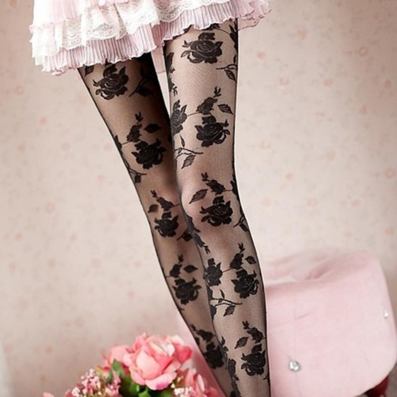 Socks & Hosiery Sexy Rose Tights Women Collant Femme Thin Sheer Pantyhose Hollow Out Tattoo Medias Fantaisie