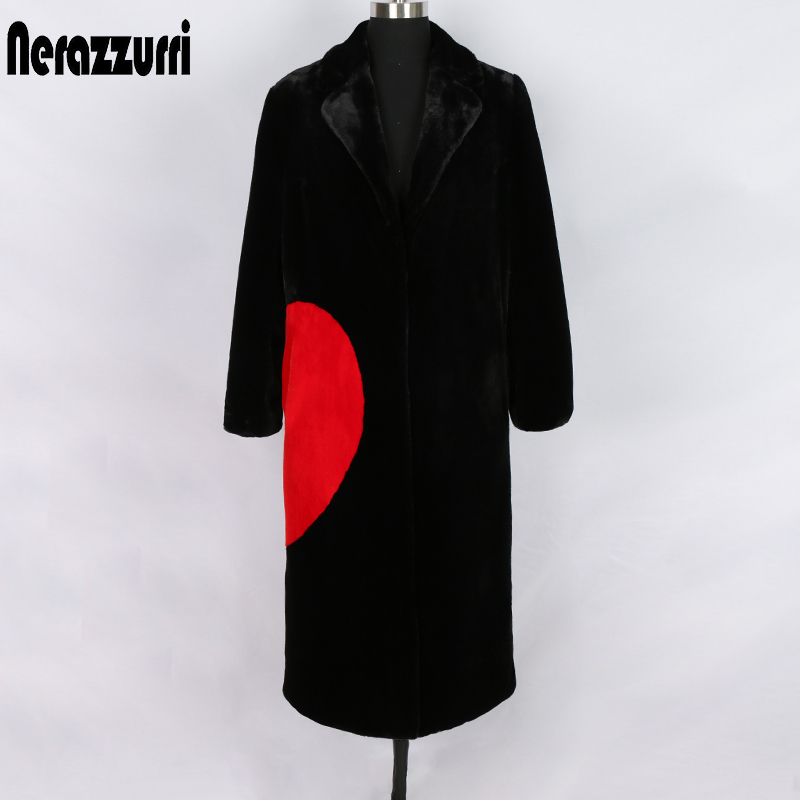 Nerazzurri winter black long faux fur coat with red love hearts long sleeve notched lapel plus size warm fluffy jacket 5xl 6xl