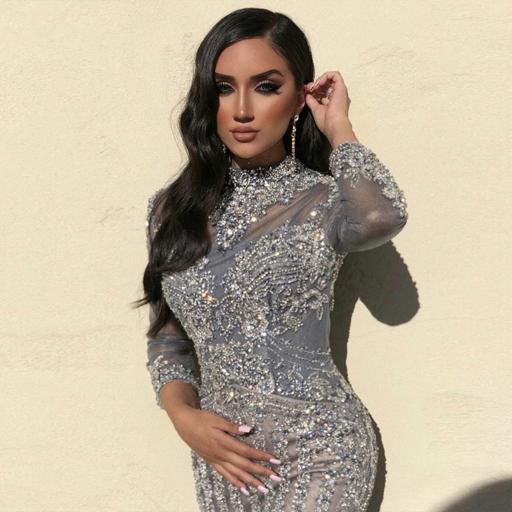 Dark Gray Diamonds Evening Dresses Long Sleeve Dubai Muslim Sparkly Crystal High Neck Prom Formal Dress Vestido para gordas
