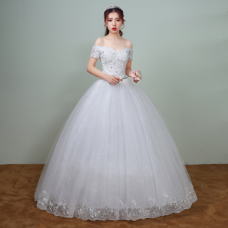 New Arrival Spring White Lace Sleeve Wedding Dress 2020 Korean Style Appliques vestidos de noiva Sexy Boat Neck Bridal Dress