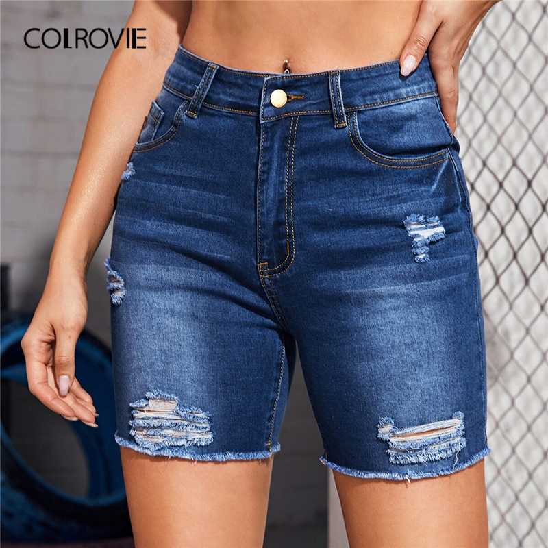 COLROVIE Dark Wash Blue Frayed Edge Ripped Denim Shorts Women Autumn Pockets Straight Leg Casual Solid Fitted Shorts
COLROVIE Dark Wash Blue Frayed Edge Ripped Denim Shorts Women Autumn Pockets Straight Leg Casual Solid Fitted Shorts