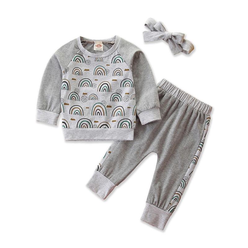 Toddler 3Pcs Outfits Suits Cute Rainbow Printed Long Sleeve Pullover T-shirt Top + Elastic Long Pant + Bow Headband Clothes, Gray
Toddler 3Pcs Outfits Suits Cute Rainbow Printed Long Sleeve Pullover T-shirt Top + Elastic Long Pant + Bow Headband Clothes, Gray