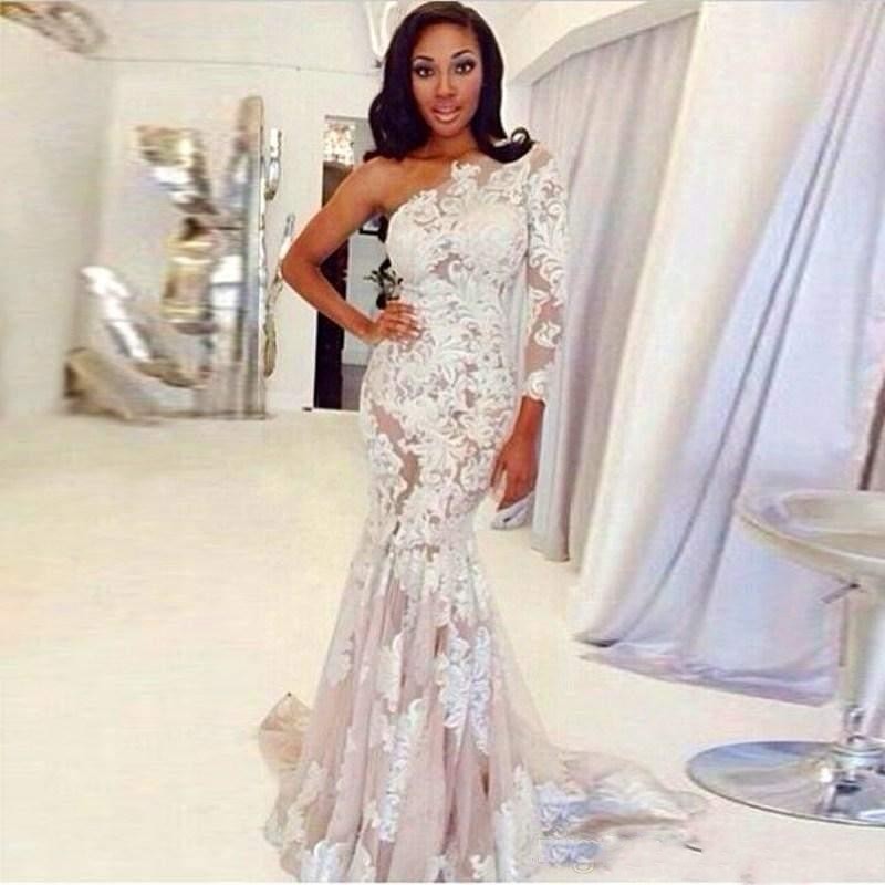 Nigerian African One Shoulder Applique Lace Plus Size Mermaid Dresses Illusion Long Sleeve Sweep Train Wedding Dress Bridal Gowns