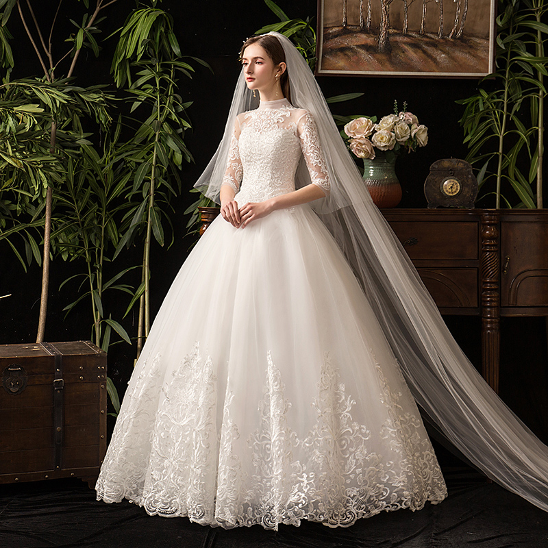 Half Sleeve wedding Dress with 100cm Train Vestido De Novia New Winter vintage High Neck Backless Lace Ball Gown Plus Size