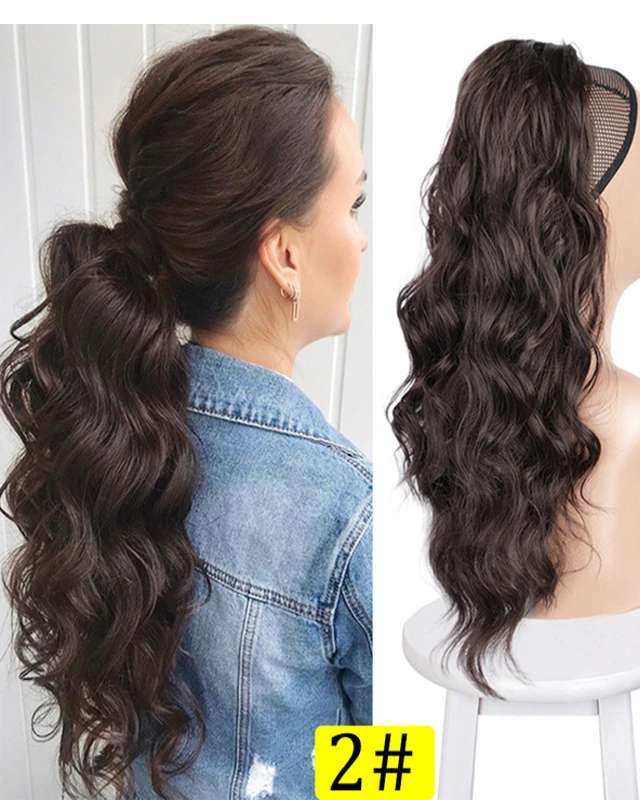 Beauty long loose wavy ponytail extension 22inch human hair drawstring corn hair piece for women black brown 160g