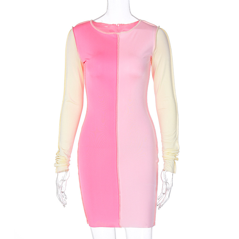 Women Color Block Dress Fashion Casual O Neck Long Sleeve Mini Bodycon Dress Spell Color Patchwork Bodycon Mini Dress