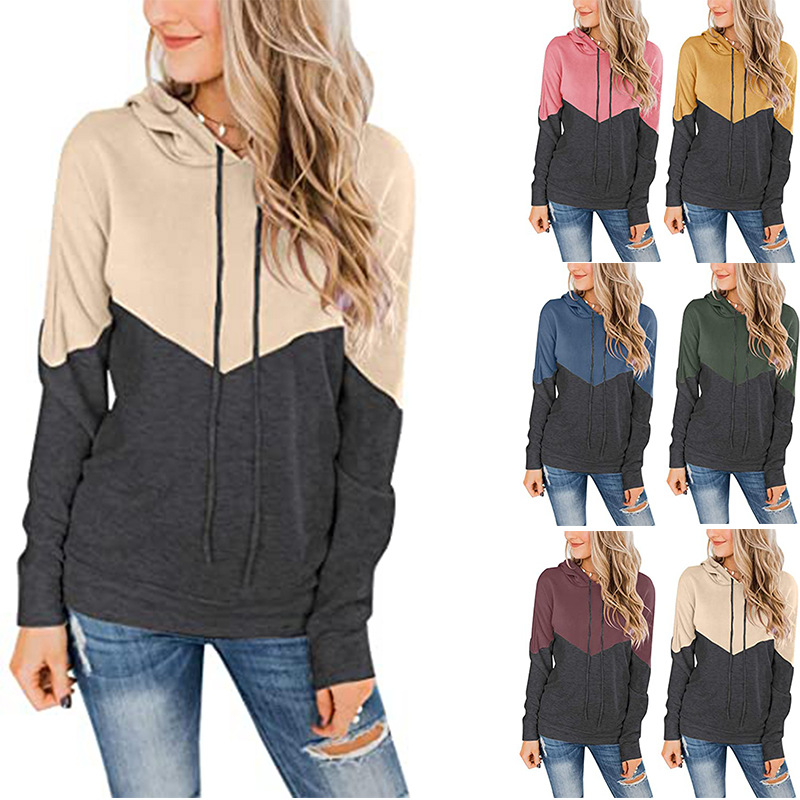 Spot Hoodies European and American tops women's casual style hooded drawstring contrast color long-sleeved sweater