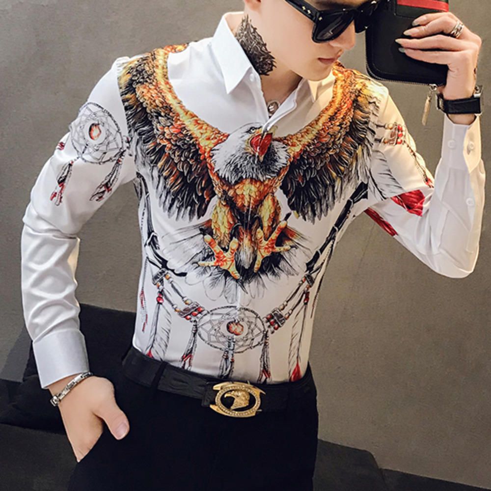 3D Eagle Print Men Shirt Dress Long Sleeve Casual Slim Fit Mens Social Shirts Night Club Bar Streetwear Clothes Camisa 200925