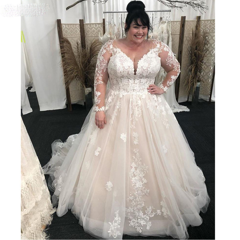 2021 Plus Size VNeck Wedding Dresses Sheer Full Long Sleeves Lace Appliques A Line Tulle Australia Dress Bridal Gowns Formal robe2708094