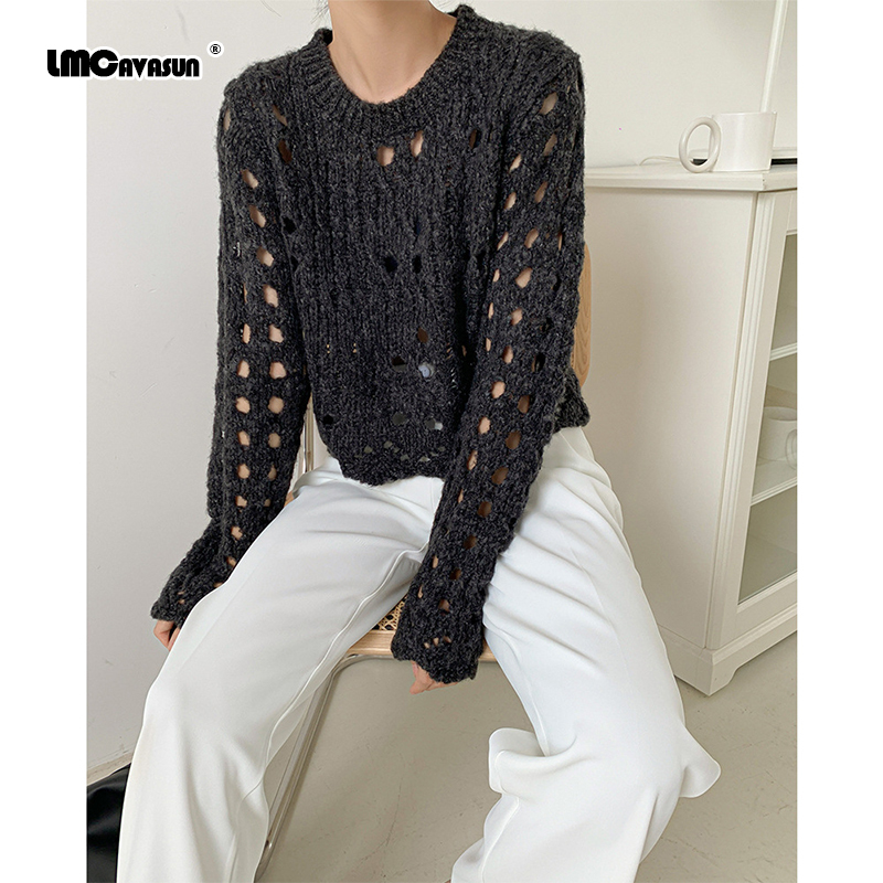 LMCAVASUN New autumn Simple pullover Round neck Loose Long sleeve Women's ripped sweater Gray green black M370