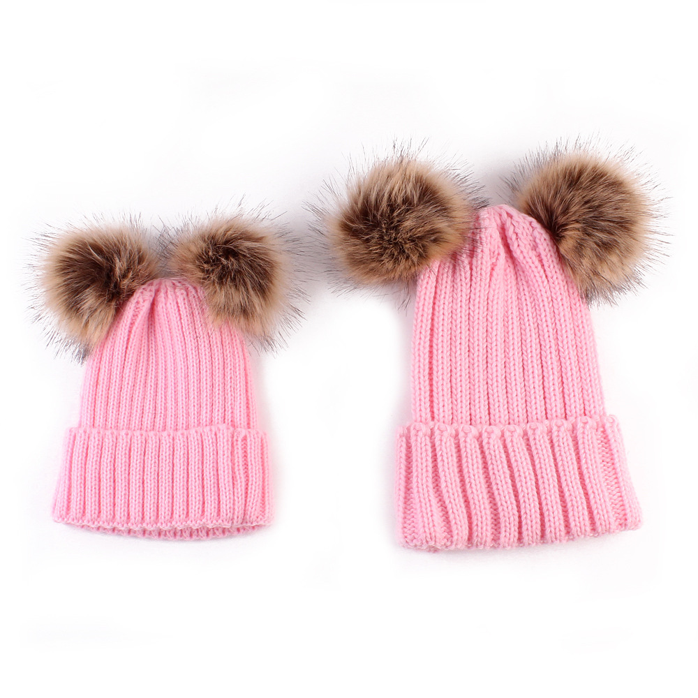 Fashion Parent-child Caps Cute Infant Baby Pom Pom Cap Winter Double Fur Ball Hat Baby Mom Warm Knitted Hat Newborn Beanies