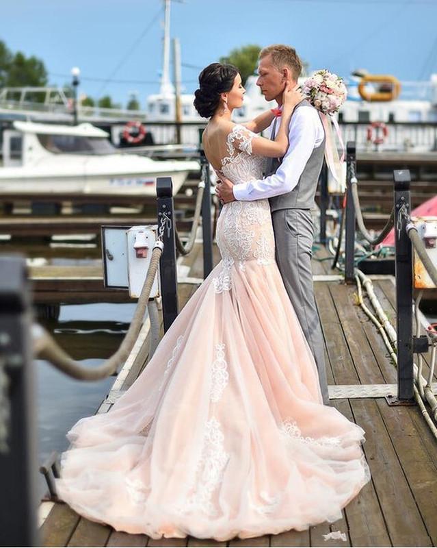 Gorgeous Blush Pink Mermaid Wedding Dresses Elegant Off Shoulder Appliqued Tulle Trumpet Bridal Gowns With Lace -Up Back Z45 0510