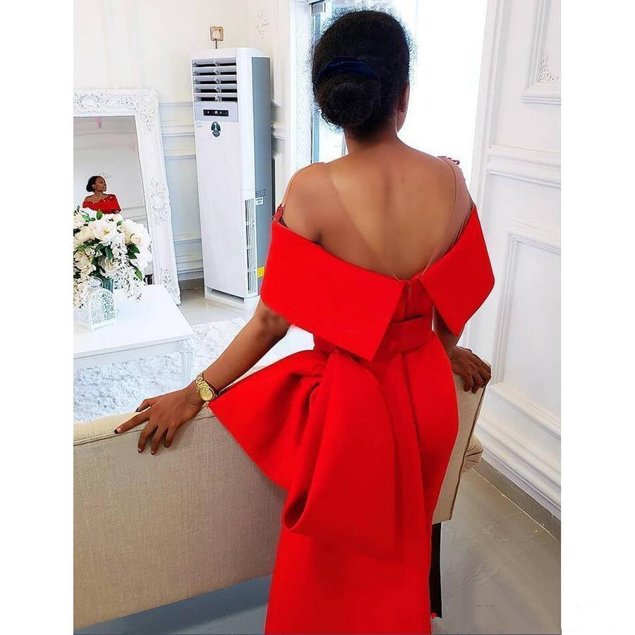 Elegant Red Dresses Evening Wear With Sheer Neck Bow Train Beaded Pearls Satin Prom Party Dress Side Split African Formal Gowns