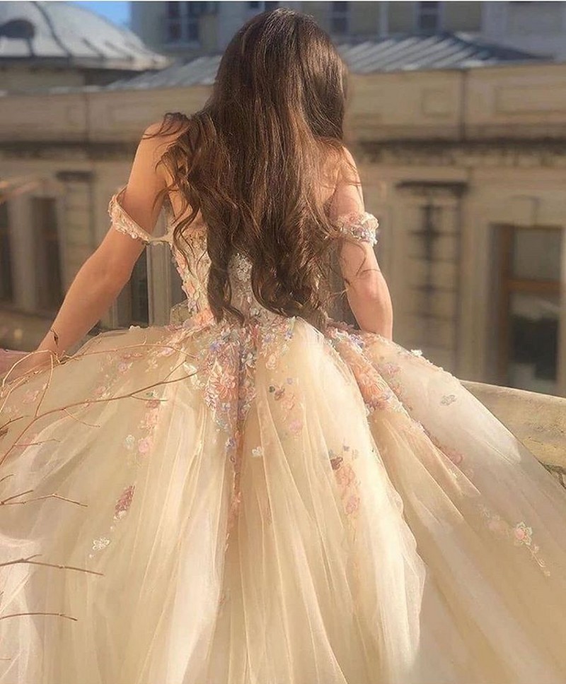 Champagne Fairy Princess Wedding Dresses 2021 Handmade Flowers Lace Floral Off Shoulder Beach Bride Gowns vestidos de novia