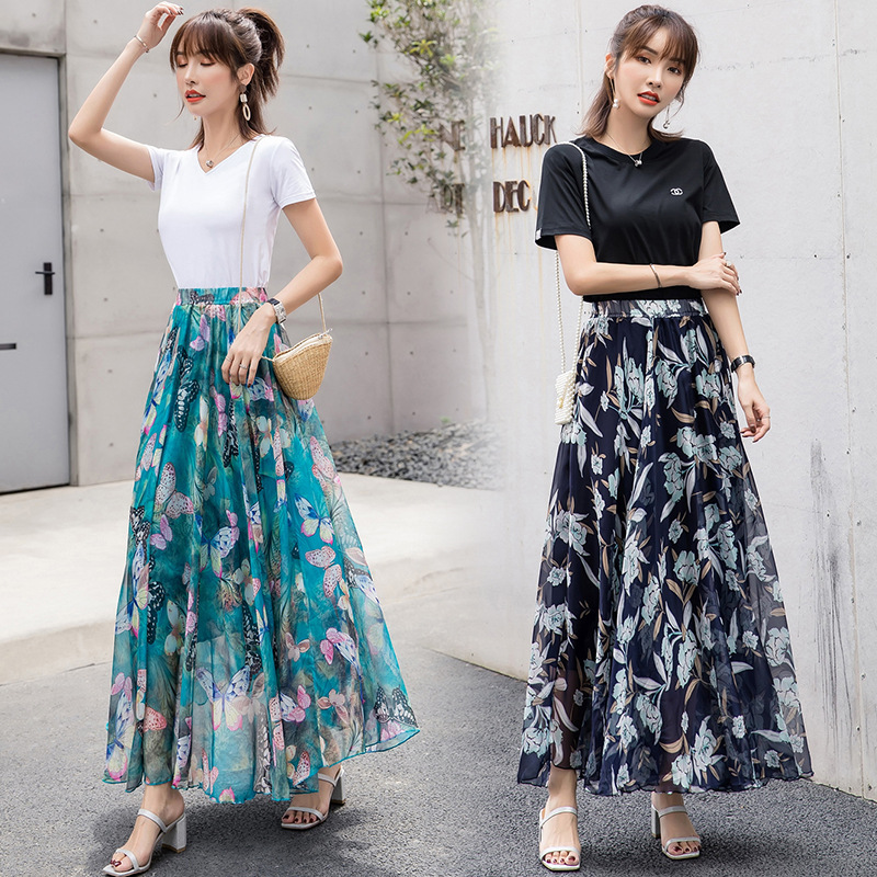 Skirts 2021 Summer Woman Chiffon Long Skirt Korean Style Elastic High Waist Floral Print Maxi Bohemian Beach Boho