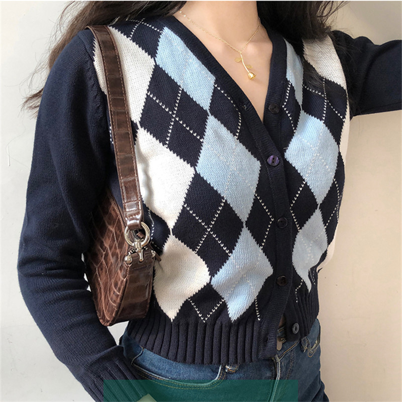 Women Cardigan Knit Sweater Vintage Stylish Geometric Pattern Slim Crop Top Fashion V-Neck England Style Long Sleeve Outerwear