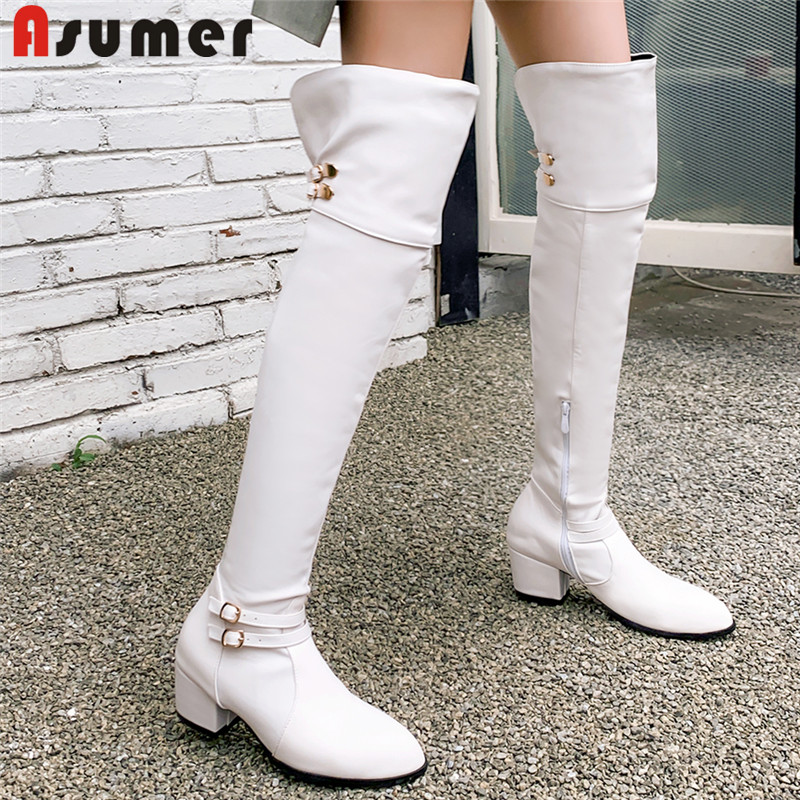 ASUMER 2020 new fashion over the knee boots women zip buckle square heel autumn winter shoes ladies thigh high boots big size 48, Black