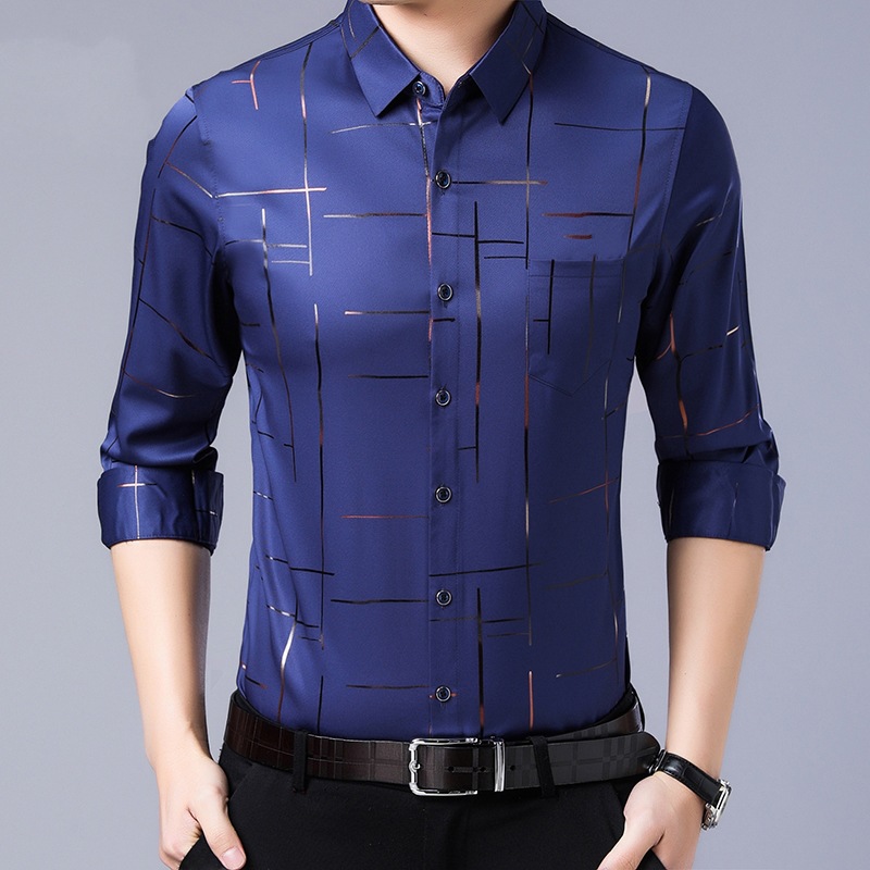 Ice silk bronzing long-sleeved shirt 2020 new quick-drying breathable thin business casual striped loose slim men's shirt M, Purple
Ice silk bronzing long-sleeved shirt 2020 new quick-drying breathable thin business casual striped loose slim men's shirt M, Purple