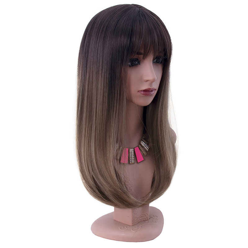 Mid Long Straight Natural Hair with Bangs Brown Ombre Cosplay Wigs For Women US