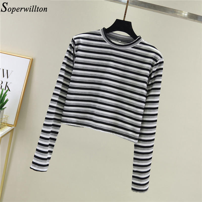 Women Crop Top Long Sleeve T Shirt Striped Short Sexy T-shirt Feminina Knitted Tshirt Streetwear Female Clothes Black T1