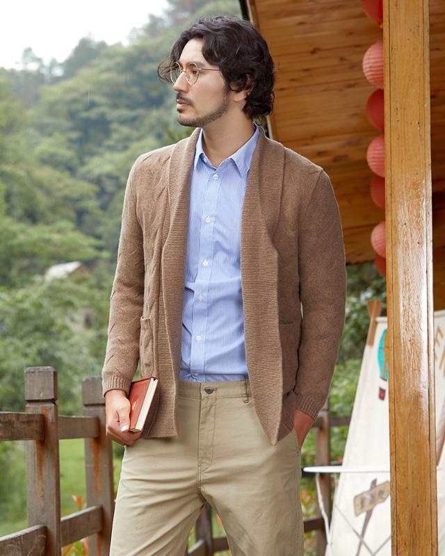 Zhili Men Shawl Collar Open Front Merino Wool Cardigan Sweater with Pockets, Brown 
Zhili Men Shawl Collar Open Front Merino Wool Cardigan Sweater with Pockets, Brown