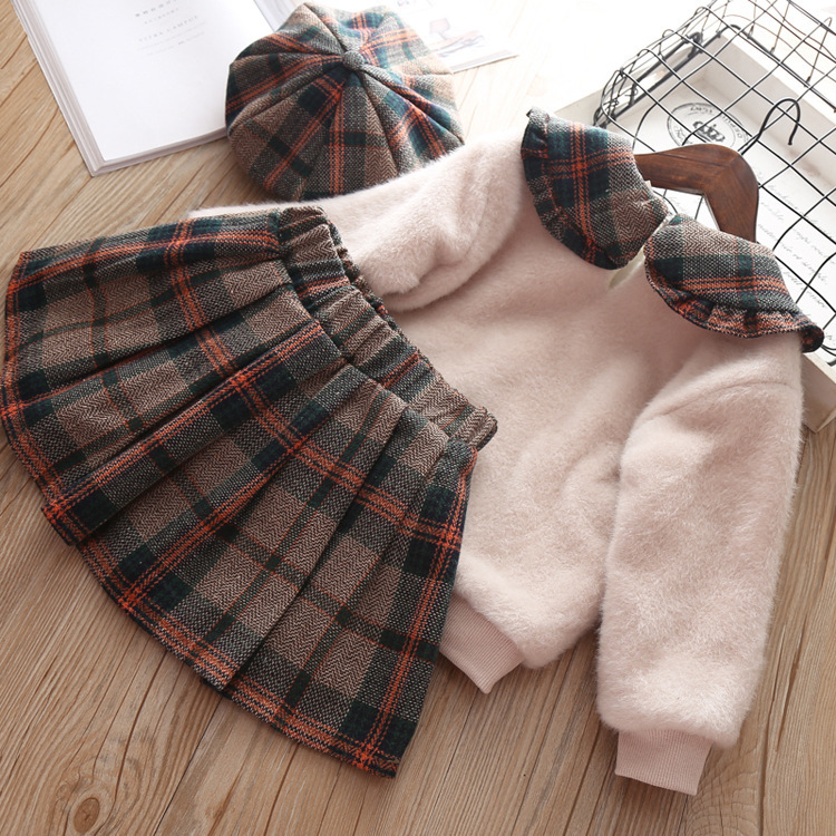 New Baby Winter Autumn Girl Garment Plaid Plush Long Sleeve Sweater Pullover Skirt Two Piece Children Clothing Suit Outwear SuitX1019