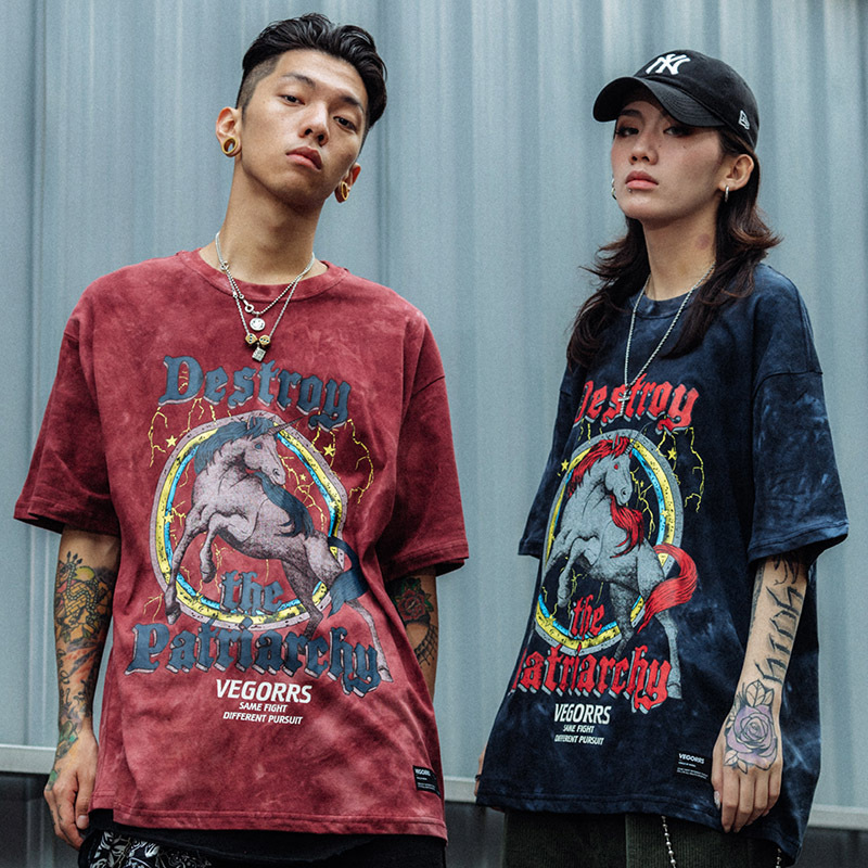 Hip Hop T Shirt Men 2020 Streetwear Print Wild Horse Tshirt Harajuku Summer Tops Tees Short Sleeve Cotton Loose T-Shirt Tie Dye LJ200827