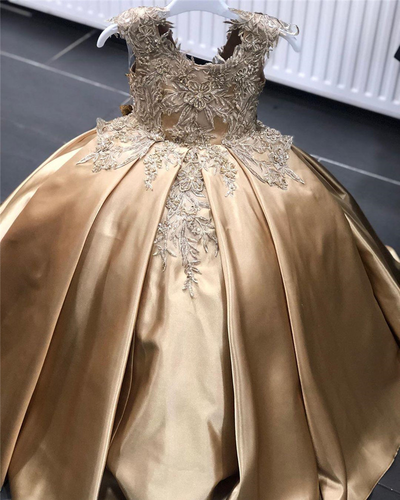 Gold Crystal Flower Girls Dress Pageant Dresses Ball Gown Beaded 2021 Toddler Infant Clothes Little Kids Birthday Gowns