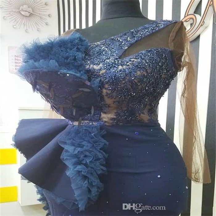 Newest Aso Ebi Evening Dresses Arabic Navy Blue Lace Beaded Mermaid Prom Dresses Sexy Formal Party Second Reception Gowns Dresses