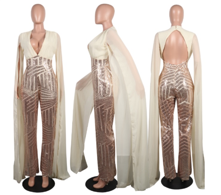 Glitter Sequins Beige Black Red A-line Women Jumpsuit Prom Dress Bling Long Sleeves Evening Dress Ankle-length Party Dress
