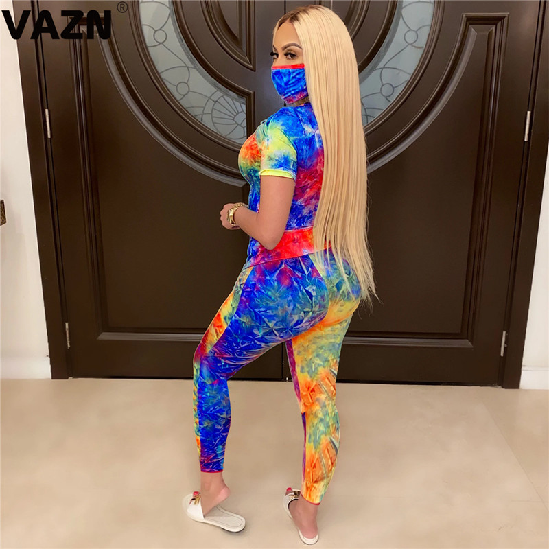 VAZN 2020 STie Dye Print Colorful Sexy Tops Leggings 3 Pieces Set With Mask Casual Beach Clothing Ladies Women Sets T200817