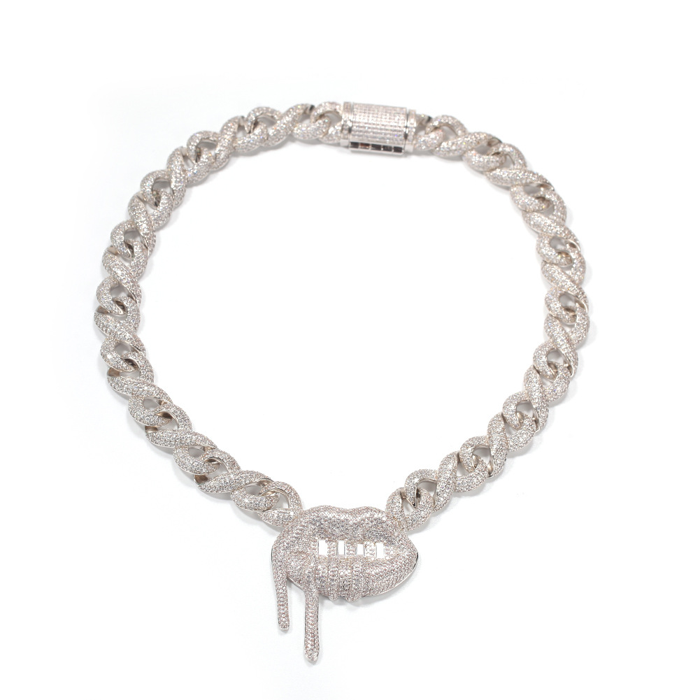 Hip Hop Mens Lip Pendant Necklace Bling Cuba Chain Shining Zircon Real Gold Plated Tennis Chain