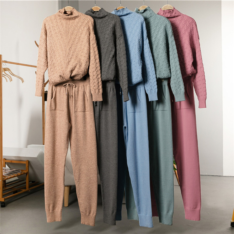 Women's Twist Sweater Pants Suit turtleneck Linen Flower Color Sweaters sweatsuit Suit Autumn Winter Two-Piece Set women outfits
