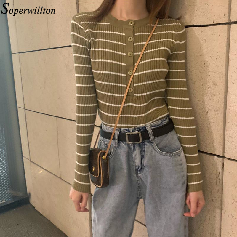 Women Crop Top Long Sleeve T Shirt Striped Short Sexy T-shirt Feminina Knitted Tshirt Streetwear Female Clothes Black T1