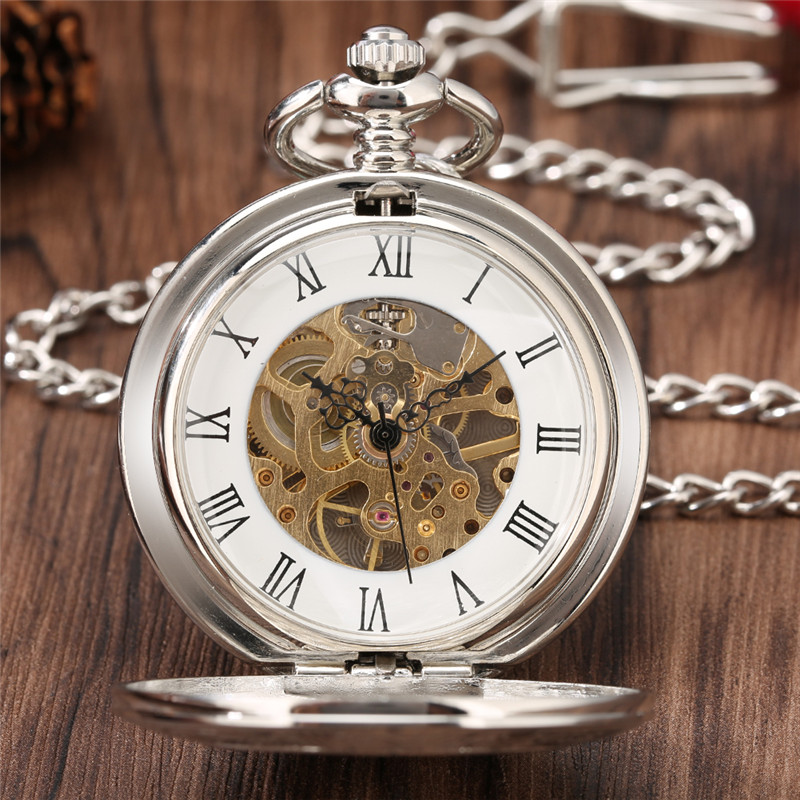 Retro Vine Silver Pocket Watch Men Women Handwinding Mechanical Timepiece Skeleton Double Hunter Pendant FOB Chain Reloj de bol249B