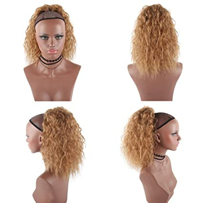 Honey blonde Short Curly Wave Ponytail Extension Drawstring Hair Bun Extension With Two Plastic Combs Hairpiece for Women 14" #27