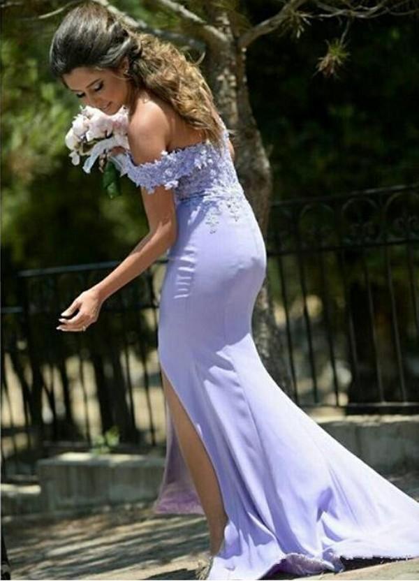 Lavender Off Shoulder Long Bridesmaid For Appliques Top Side Split Mermaid Formal Party Dresses Custom Made Evening Gown Z79 0510