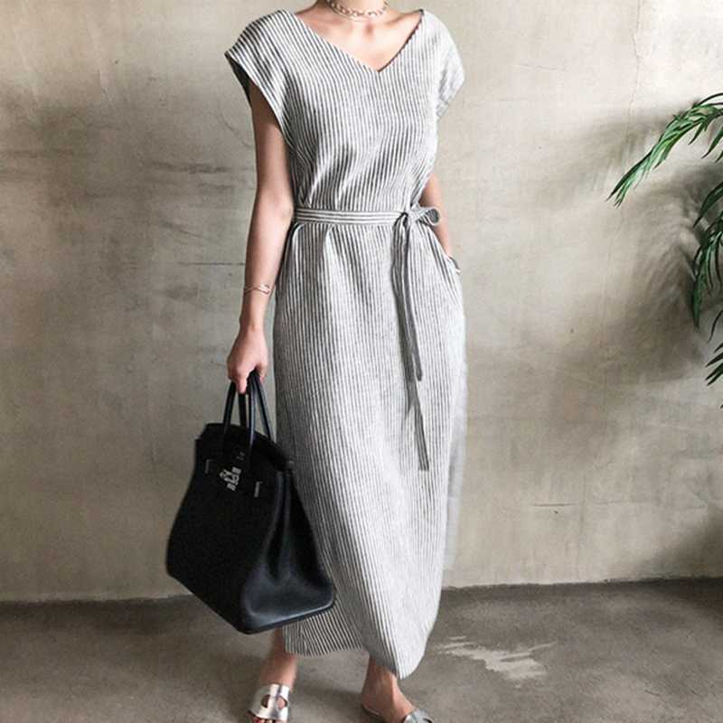 Casual Dresses CHICEVER Striped Dress Women V Neck Tank Sleeveless High Waist Lace Up Tunic Split Maxi Summer Female 2021 Clothes