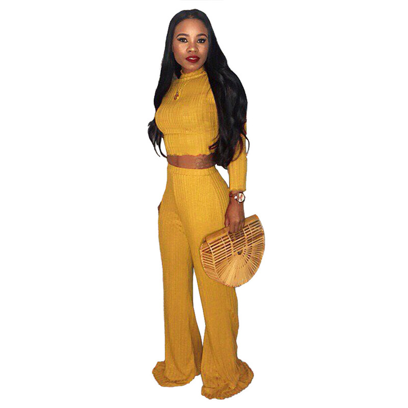 Casual Women Two Piece Set Sweater Top and Pants Set Turtleneck Long Sleeve Crop Top Wide Leg Pants Elastic Waist Suit Outfits T200808