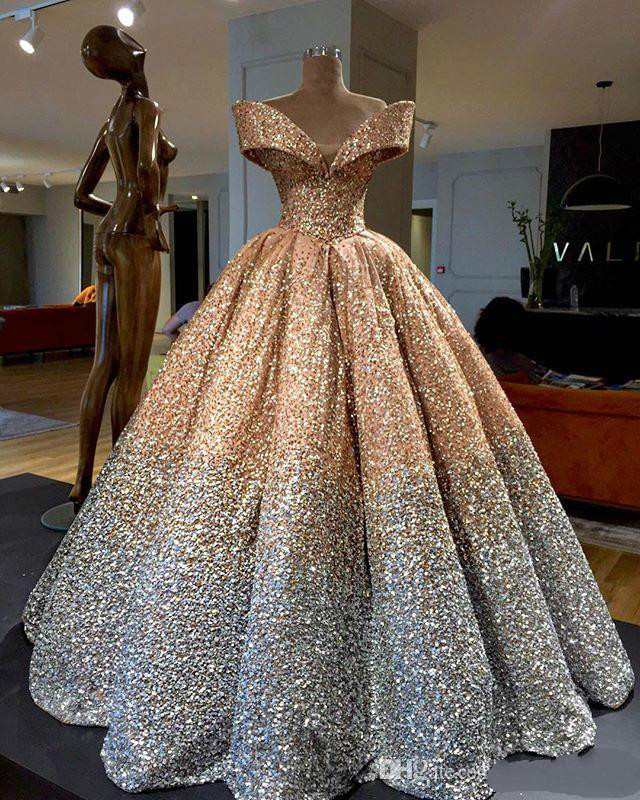 Luxury Ball Gown Wedding Dresses Princess Puffy Sparkly Sequins Off Shoulder Ruffles Arabic Dubai Bridal Gown Custom Made Vestidos De Novia